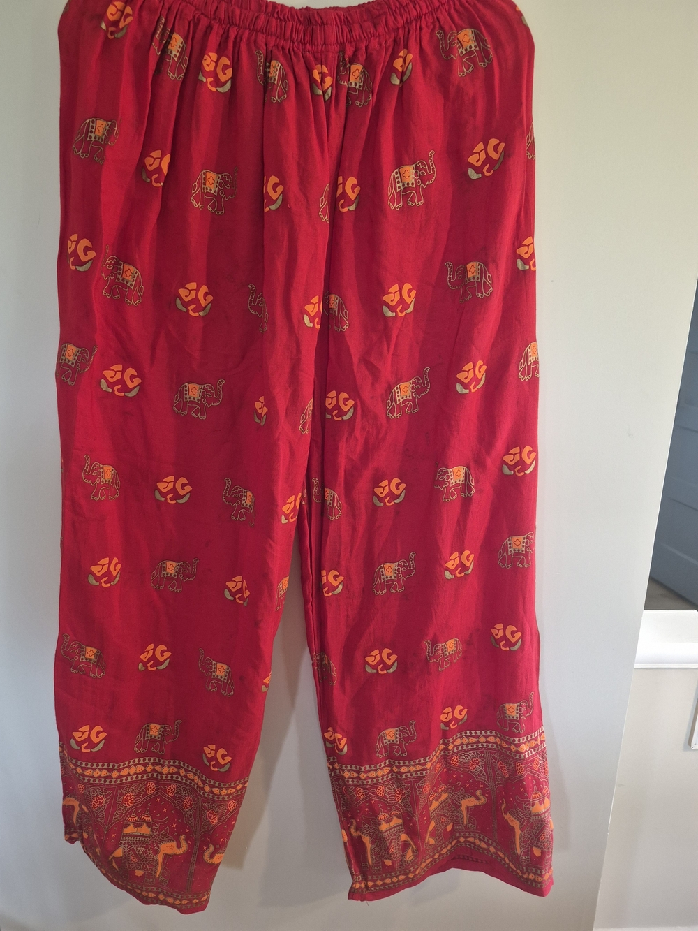 Boho Wide-Leg Cotton Pants in Red with Elephant Print Free Size M-L waist size? - Picture 4 of 7